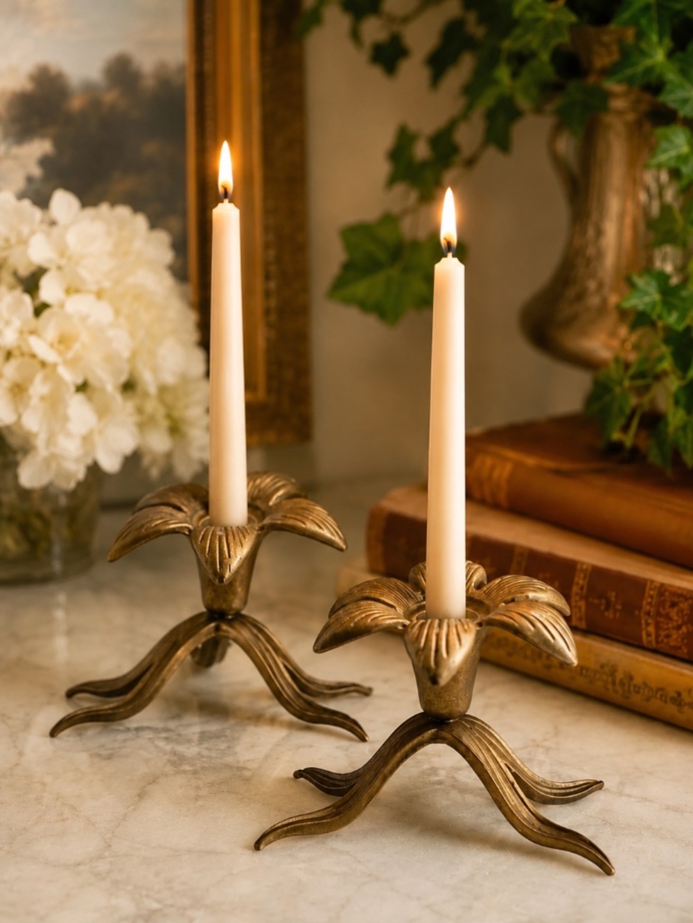 Vintage Brass Flower Candle Holders Pair Mid Century Floral Candlesticks